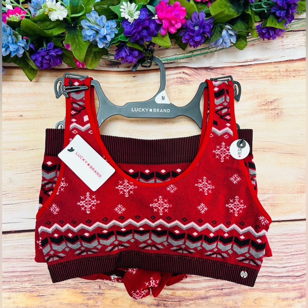 Lucky Brand Red Fair Isle Holiday Scoop Neck Bralette & Boyshort Set 2pc M NWT